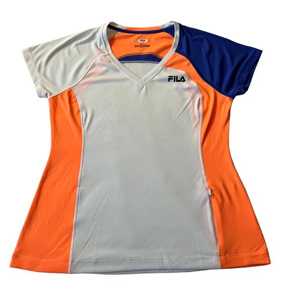 FILA Short Sleeve V-Neck Color Block Top with Front Pocket Size L Workout Gym - Picture 1 of 8